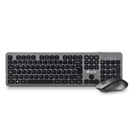 Tastiera e Mouse Wireless NGS Qwerty in Spagnolo Nero/Argentato