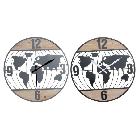 Orologio da Parete DKD Home Decor Nero Grigio Ferro 60 x 4,5 x 60 cm Legno MDF Mappamondo (2 Unità)