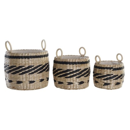 Set di Cestini DKD Home Decor Nero Naturale Fibra naturale Coloniale 30 x 30 x 25 cm (3 Pezzi)