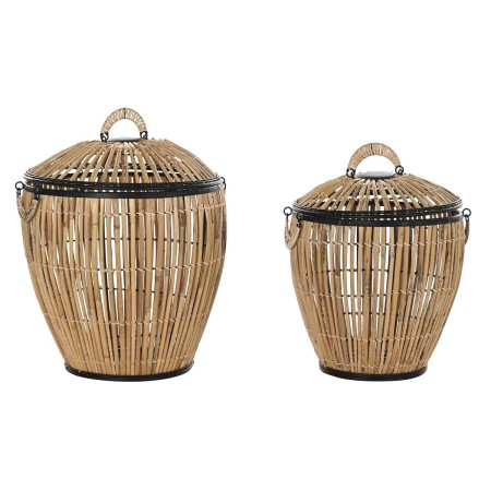 Set di Cesti DKD Home Decor Nero Naturale Metallo Rattan 48 x 48 x 55 cm (2 Unità)