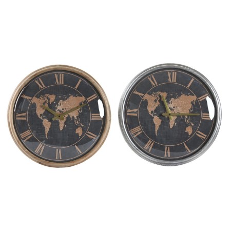 Orologio da Parete DKD Home Decor 46 x 6,5 x 46 cm Cristallo Argentato Nero Dorato Marrone Ferro Mappamondo (2 Unità)