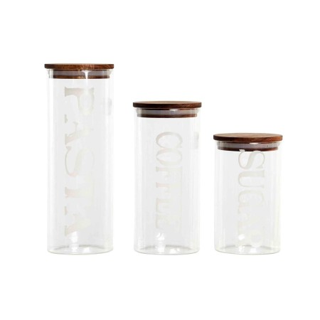 Set di 3 Barattoli DKD Home Decor 10,2 x 10,2 x 27,7 cm Naturale Trasparente Acacia Lettere Vetro Borosilicato