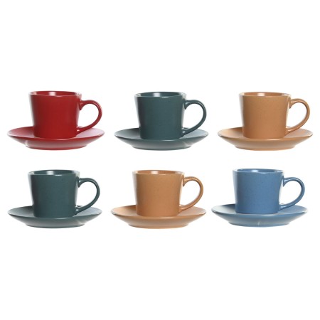 Set di Tazze e Piatti DKD Home Decor Giallo Azzurro Rosso Verde Gres 180 ml 14 x 14 x 2 cm