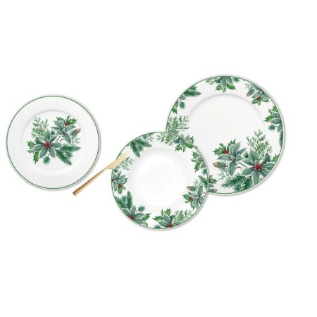 Servizio di Piatti DKD Home Decor Bianco Verde Porcellana Foglia della pianta Natale 18 Pezzi 27 x 27 x 2 cm