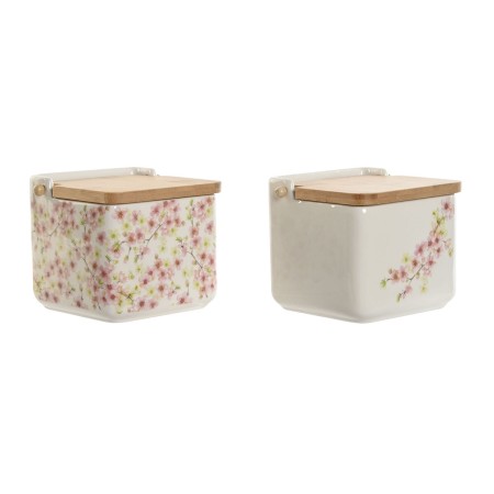 Portasale con Coperchio Home ESPRIT Bianco Rosa Lilla Bambù 750 ml 14 x 12,5 x 12 cm (2 Unità)