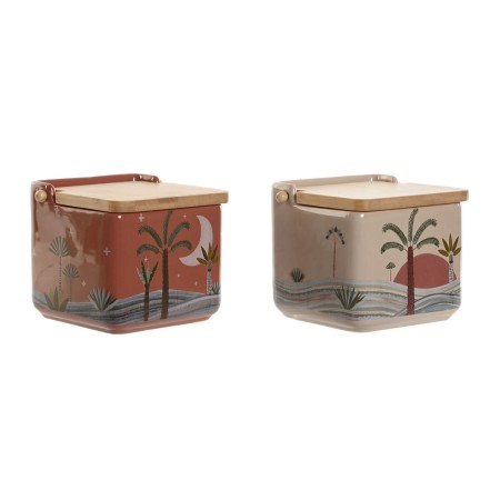 Portasale con Coperchio Home ESPRIT Beige Rosa Terracotta Lilla Bambù 750 ml 14 x 12,5 x 12 cm (2 Unità)