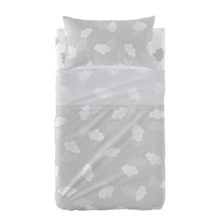 Set di Lenzuola HappyFriday Basic Kids Clouds Grigio Culla Neonato 2 Pezzi