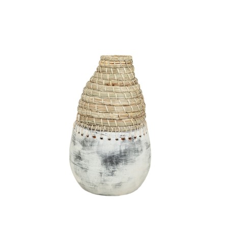 Vaso Alexandra House Living Bianco Beige Ceramica Rattan 25 x 40 x 25 cm