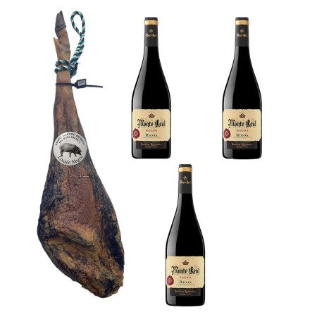 Prosciutto Iberico di Cebo Linaje Negro 8 kg Bottiglia di vino rosso 750 ml x 3 Monte Real