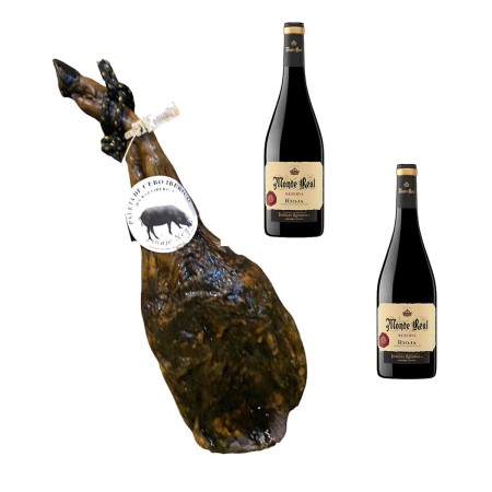 Spalla di Prosciutto Iberico di Cebo Linaje Negro 5 kg Bottiglia di vino rosso 750 ml x 2 Monte Real