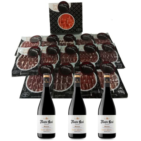 Prosciutto de Cebo Linaje Negro 100 g x 15 Bottiglia di vino rosso 750 ml x 3 Monte Real