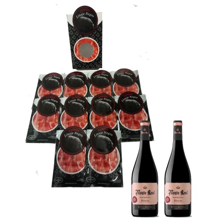 Prosciutto Iberico di Bellota Linaje Negro 100 g x 10 Bottiglia di vino rosso 750 ml x 2 Monte Real