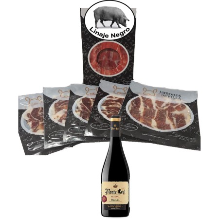 Prosciutto de Cebo Linaje Negro 100 g x 5 Bottiglia di vino rosso 750 ml Monte Real